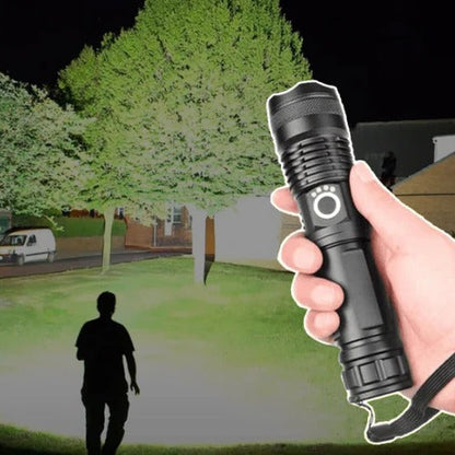 Rechargeable Flashlight with Telescopic Zoom and Three Brightness Modes, 90000 Lumens