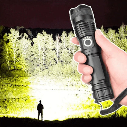 Rechargeable Flashlight with Telescopic Zoom and Three Brightness Modes, 90000 Lumens