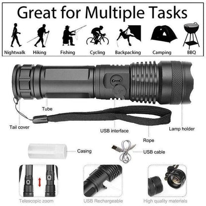 Rechargeable Flashlight with Telescopic Zoom and Three Brightness Modes, 90000 Lumens