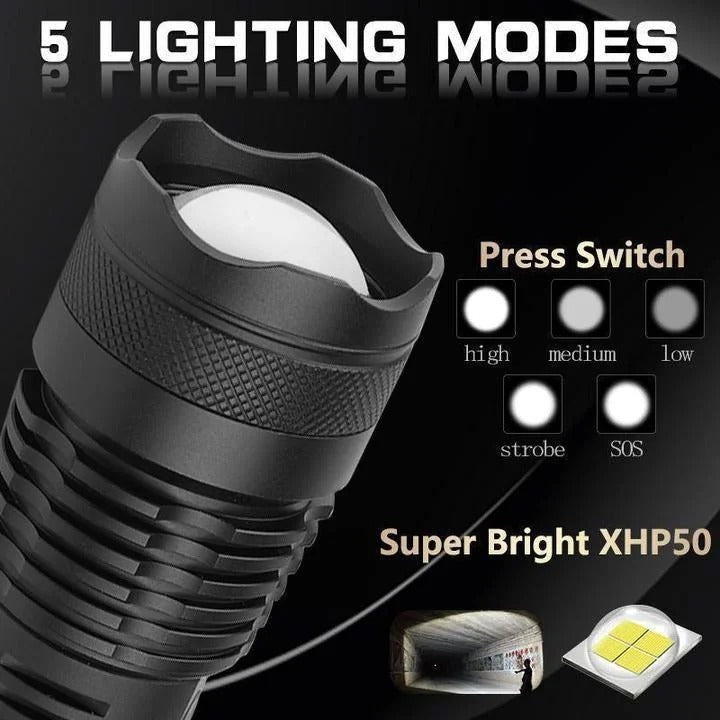 Rechargeable Flashlight with Telescopic Zoom and Three Brightness Modes, 90000 Lumens