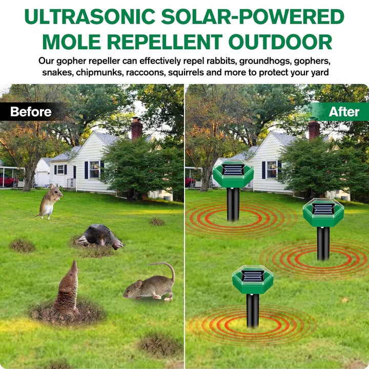 Ultrasonic Pest Deterrent Stakes with Solar Power and Ground Vibration, 4-Pack