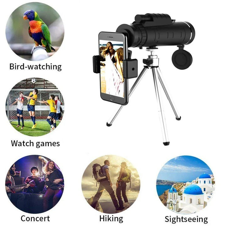10X Magnification Monocular with Built in Compass and Phone Clip, Tripod Included