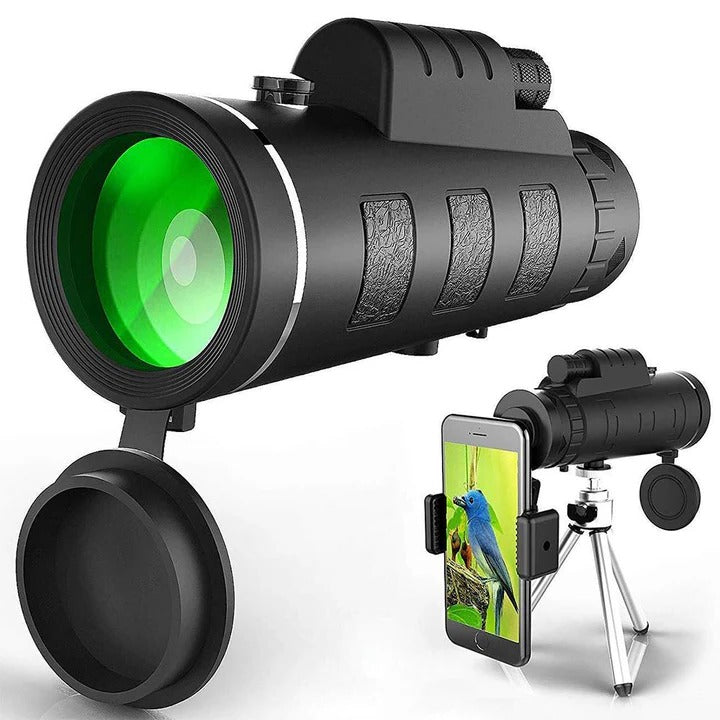 10X Magnification Monocular with Built in Compass and Phone Clip, Tripod Included