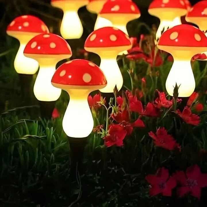 Solar Mushroom Garden Lights with Eight Lighting Modes and Automatic Dusk Activation, 12 Pack