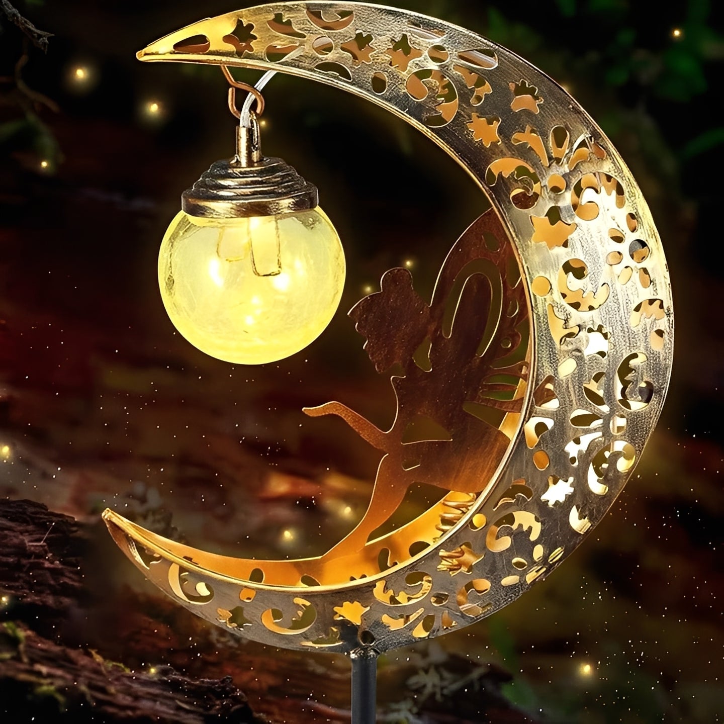 Solar Powered Garden Light with Fairy Moon Design and Automatic Dusk Sensor