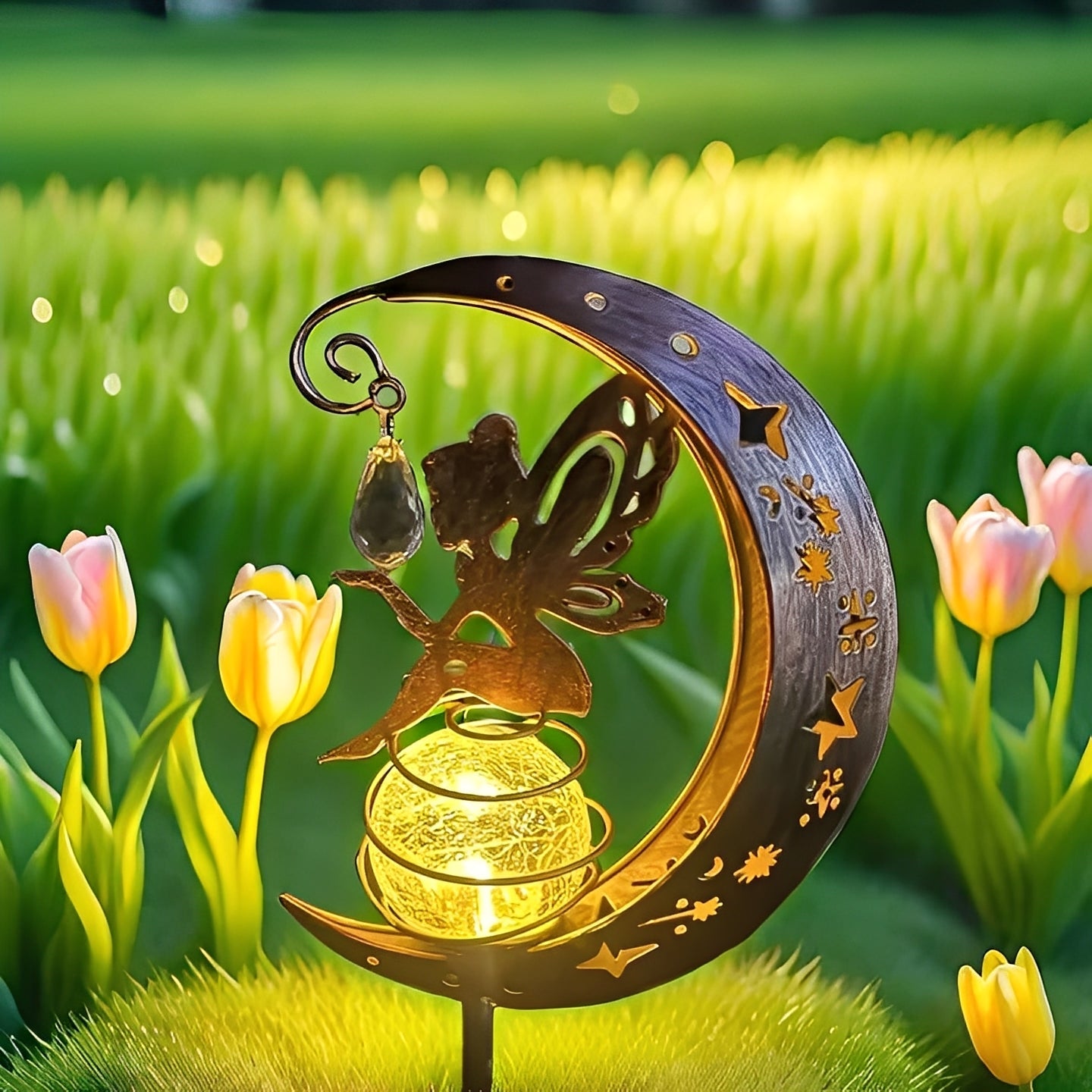 Solar Powered Garden Light with Fairy Moon Design and Automatic Dusk Sensor