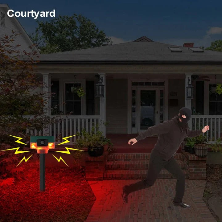 Motion Sensor Pest Deterrent with Solar Panel and LED Flash, 360 Degree Coverage