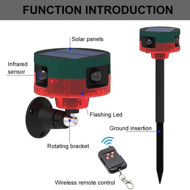 Motion Sensor Pest Deterrent with Solar Panel and LED Flash, 360 Degree Coverage