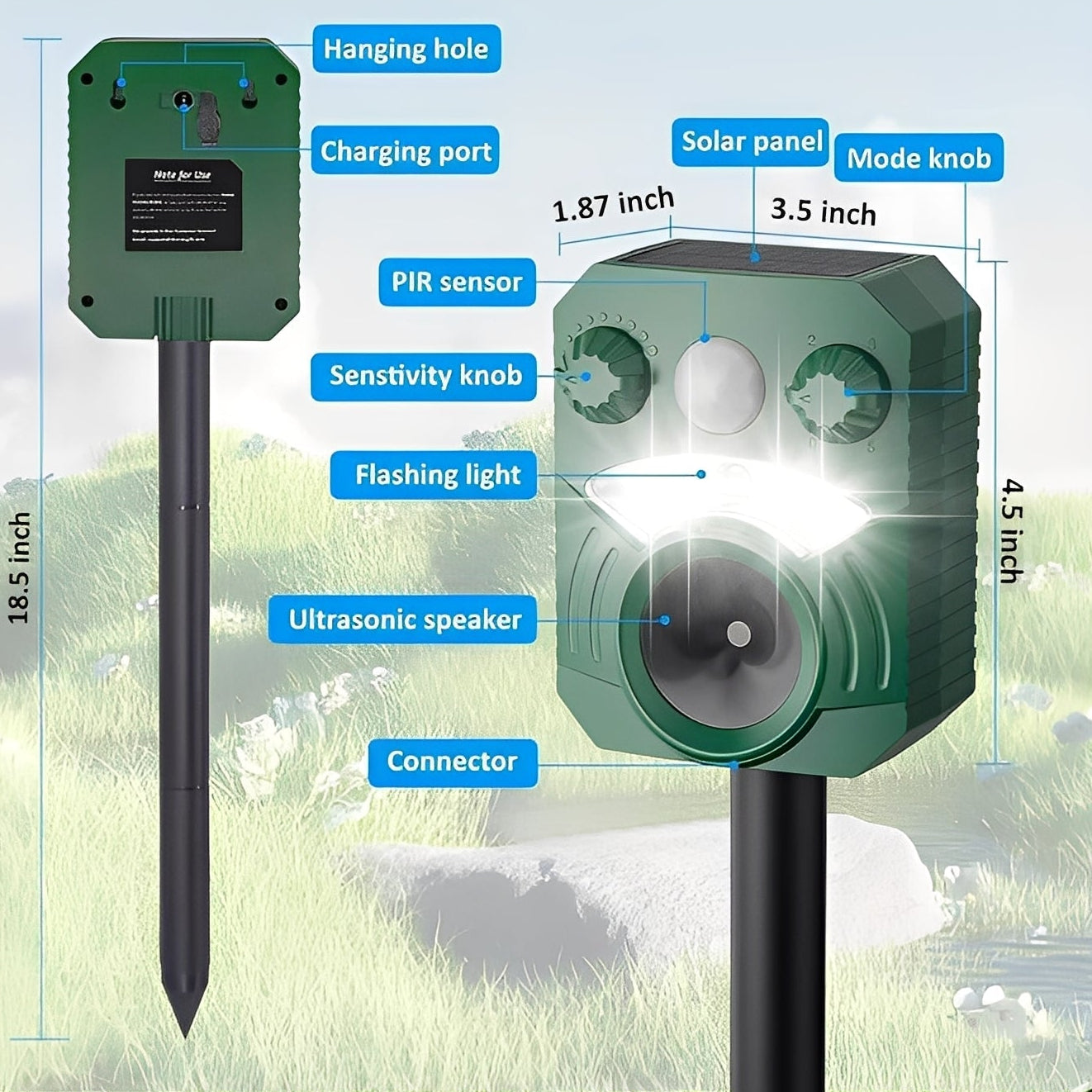 Motion Activated Ultrasonic Animal Deterrent with Solar Charging and LED Flash-2 Pack