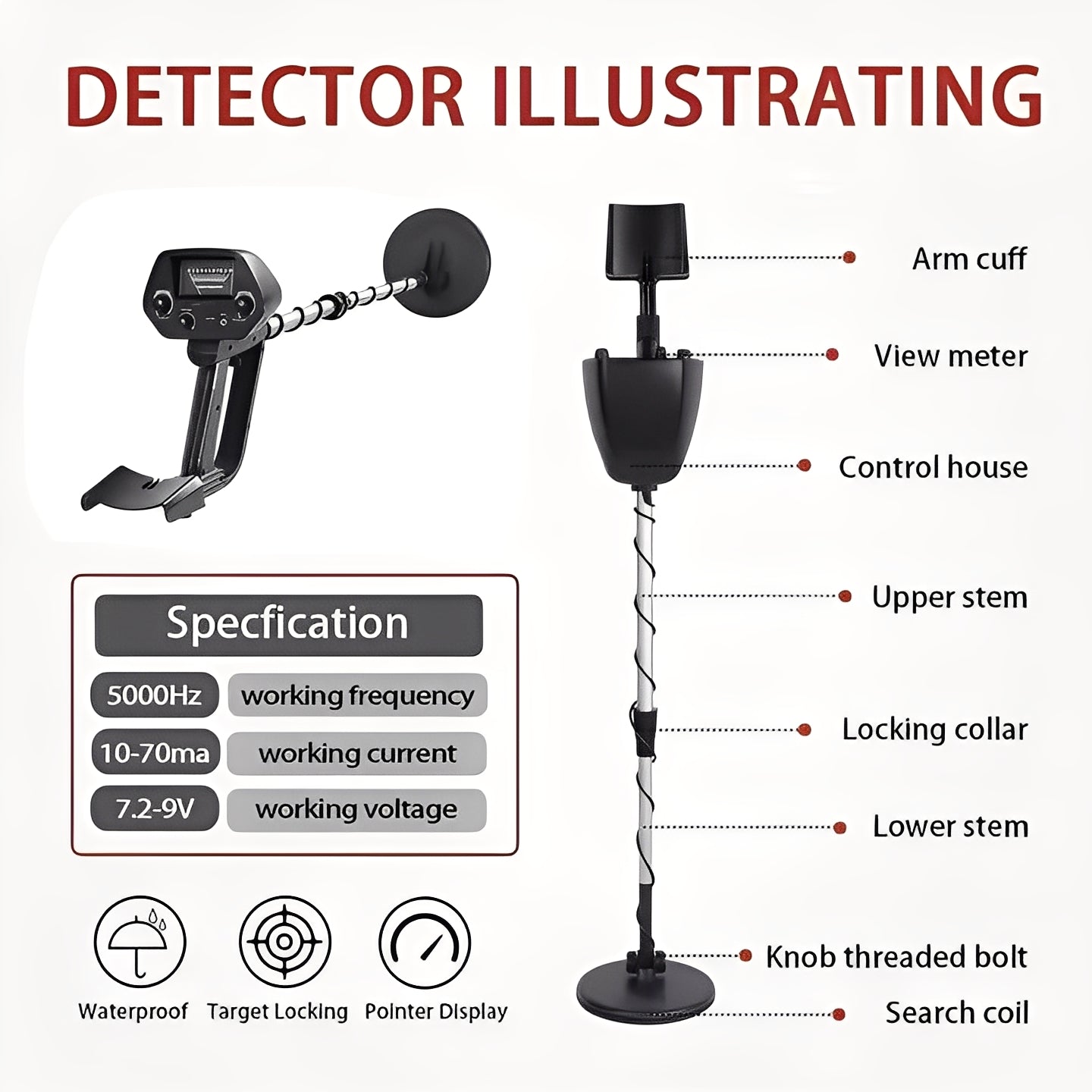 Ground Search Metal Detector with Pointer Meter and Adjustable Stem