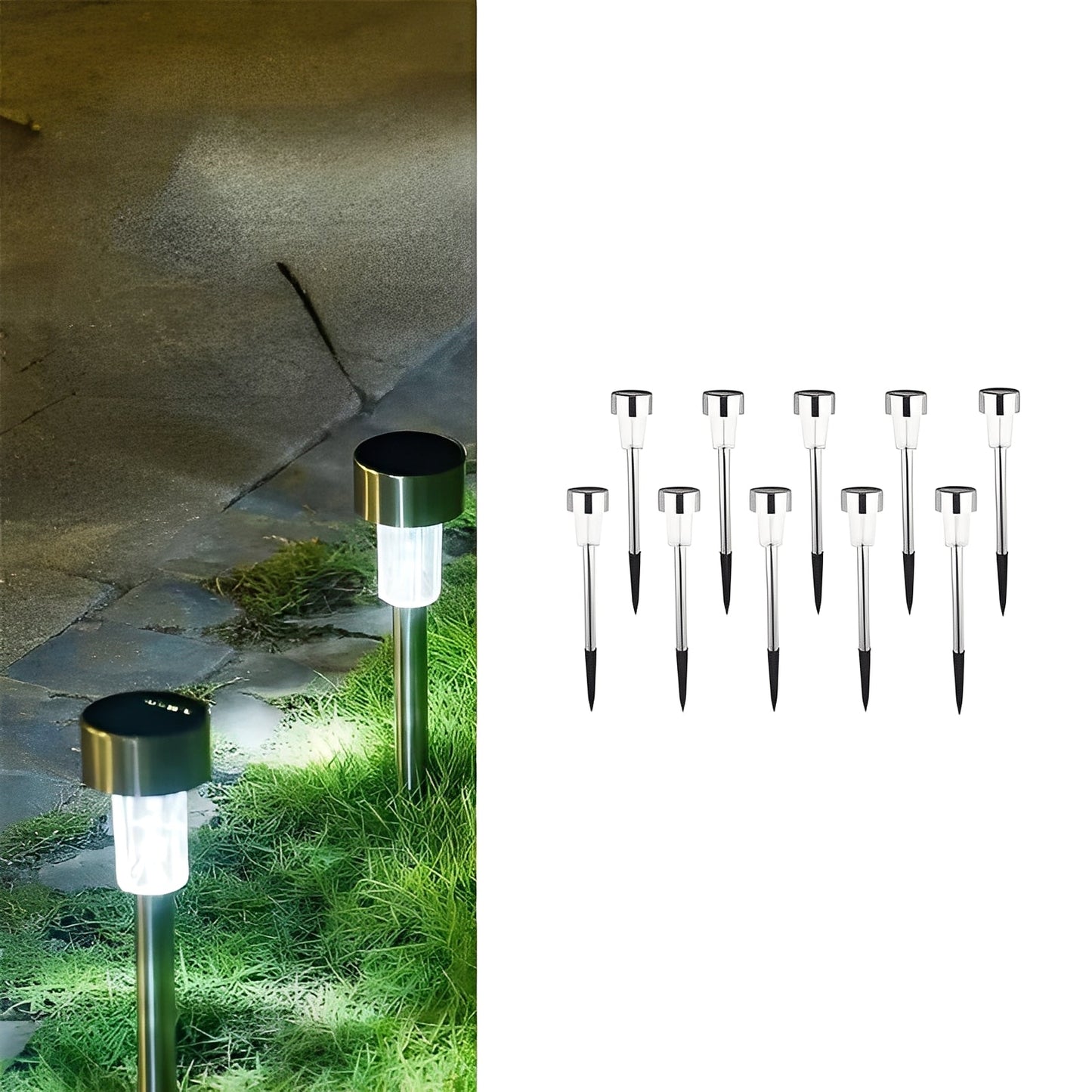 Solar Pathway Lights with Automatic Sensor and Stainless Steel Stakes, Set of 10