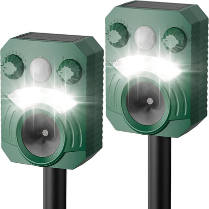 Motion Activated Ultrasonic Animal Deterrent with Solar Charging and LED Flash-2 Pack
