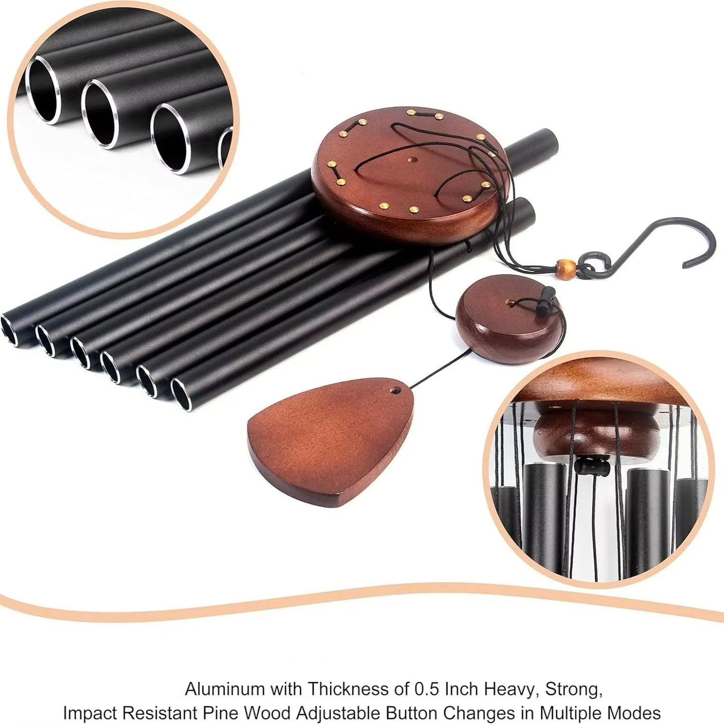 Wind Chime with Aluminum Tubes and Wooden Top for Indoor Outdoor Use