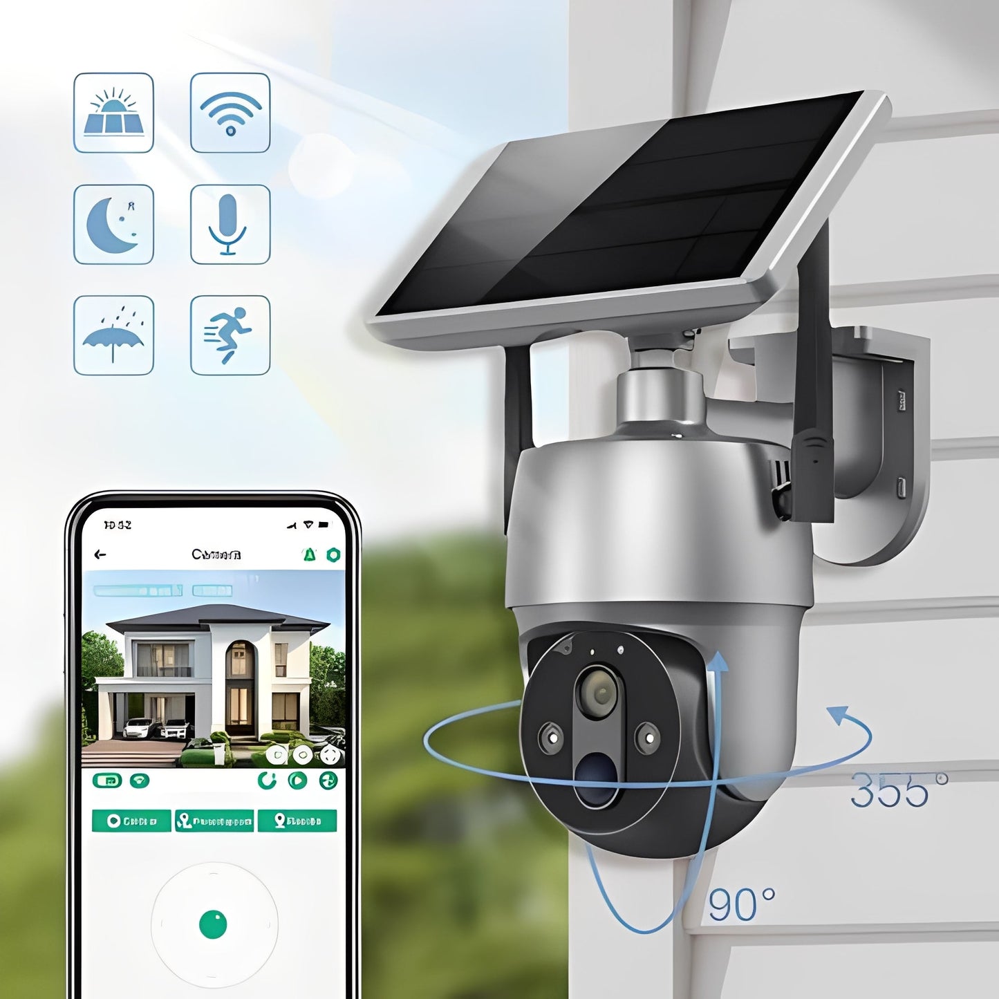 Outdoor Security Camera with 355 Degree Pan Tilt and Solar Power, 1080P HD Night Vision