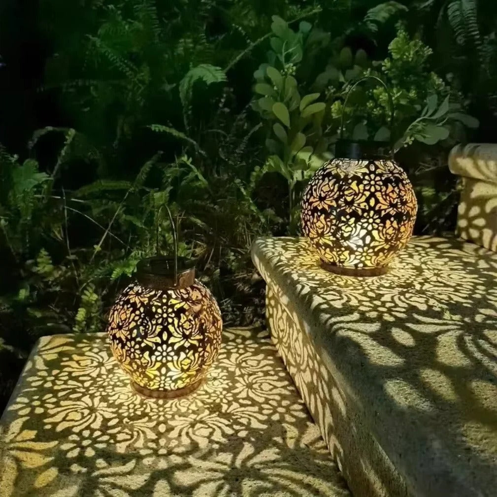 Solar LED Lantern with Wrought Iron Frame and Hollow Cutout Pattern