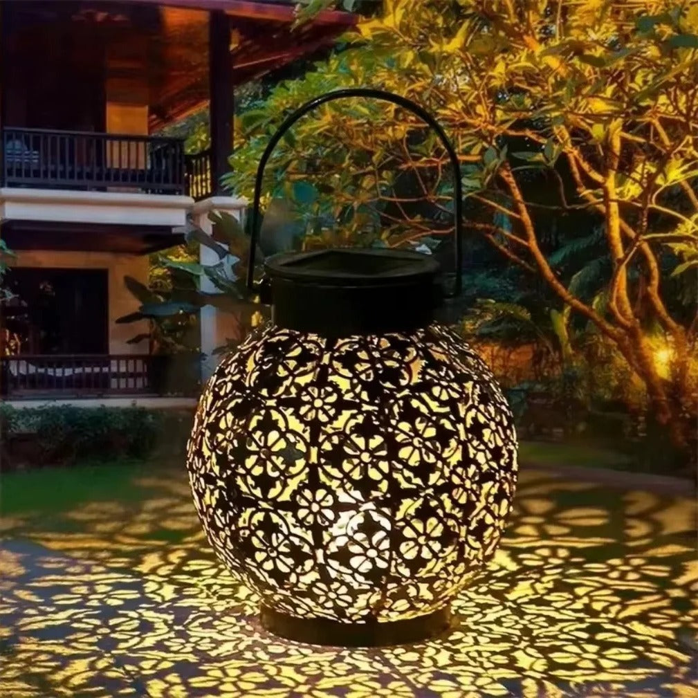 Solar LED Lantern with Wrought Iron Frame and Hollow Cutout Pattern