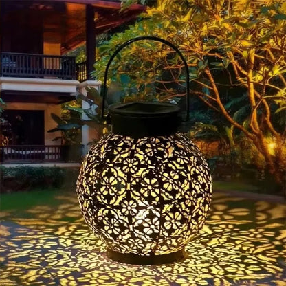 Solar LED Lantern with Wrought Iron Frame and Hollow Cutout Pattern