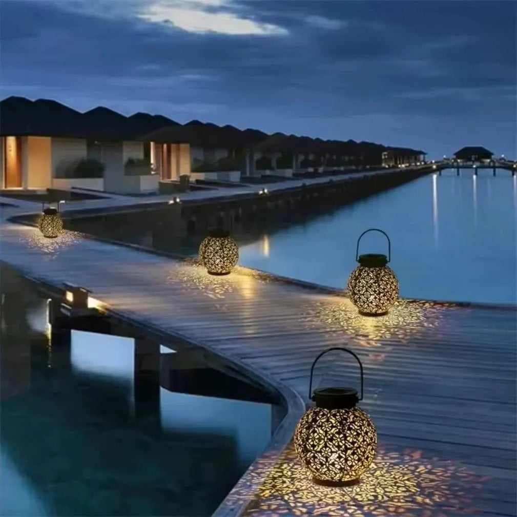 Solar LED Lantern with Wrought Iron Frame and Hollow Cutout Pattern