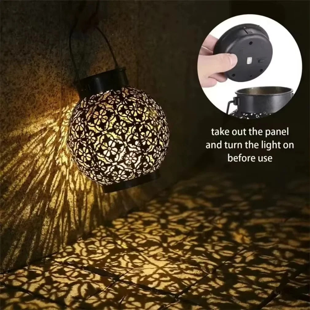 Solar LED Lantern with Wrought Iron Frame and Hollow Cutout Pattern