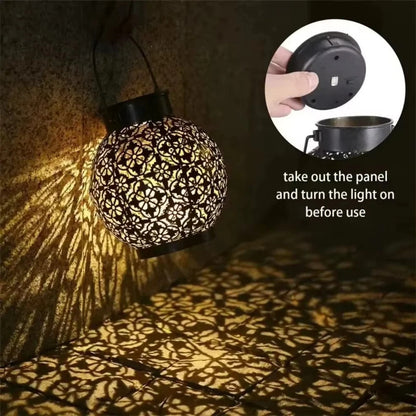 Solar LED Lantern with Wrought Iron Frame and Hollow Cutout Pattern