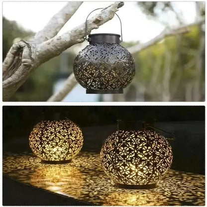Solar LED Lantern with Wrought Iron Frame and Hollow Cutout Pattern