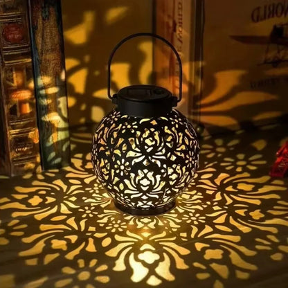 Solar LED Lantern with Wrought Iron Frame and Hollow Cutout Pattern