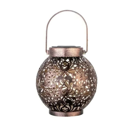 Solar LED Lantern with Wrought Iron Frame and Hollow Cutout Pattern