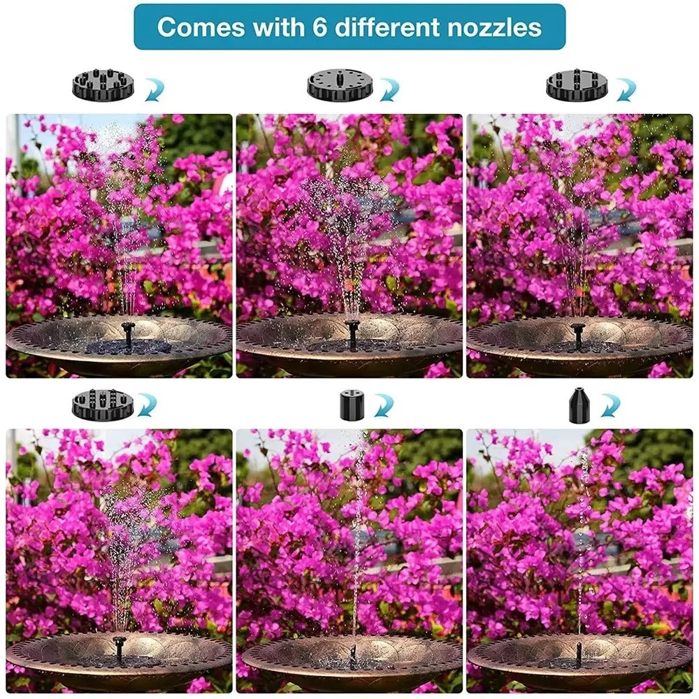 Solar Fountain Pump with Six Nozzle Heads and Floating Design for Bird Baths