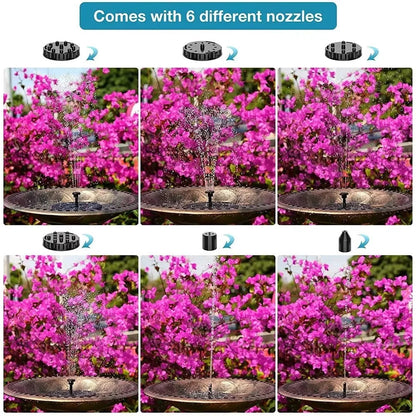 Solar Fountain Pump with Six Nozzle Heads and Floating Design for Bird Baths