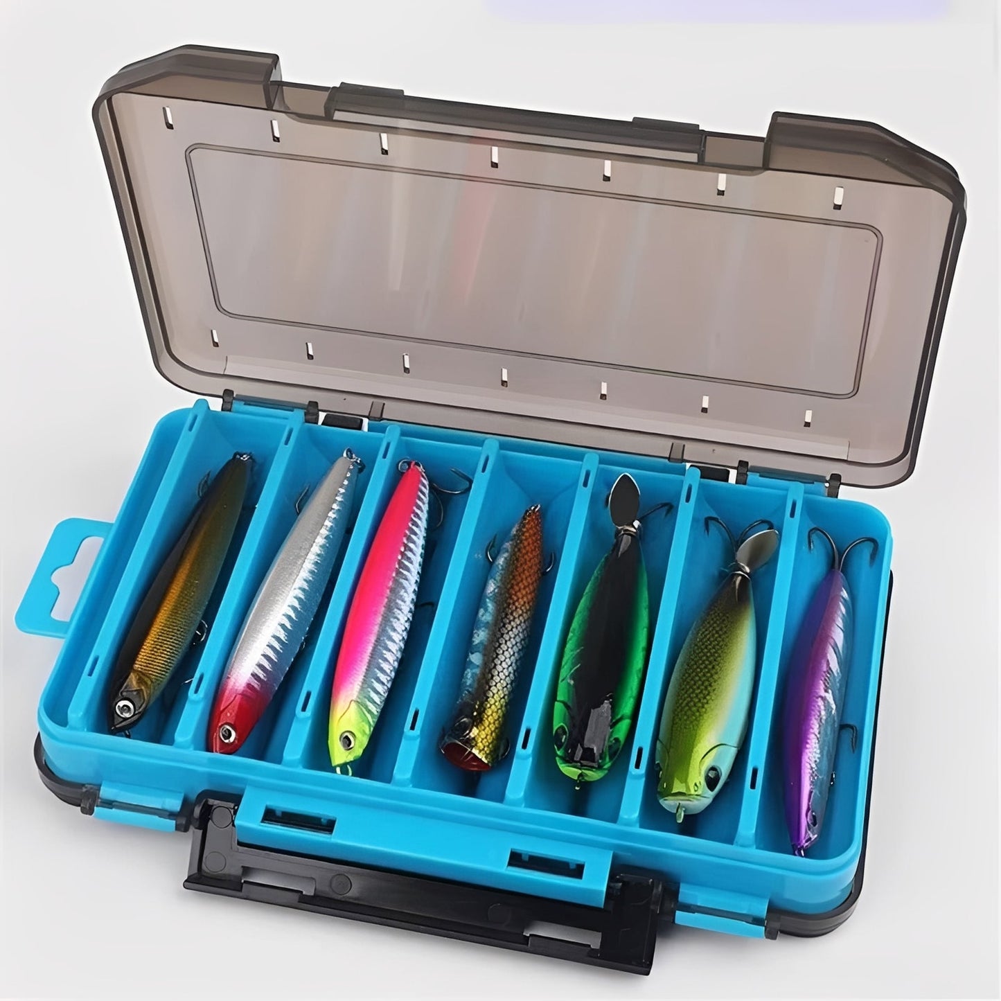 Double Sided Fishing Tackle Box with Transparent Lids and Locking Latches