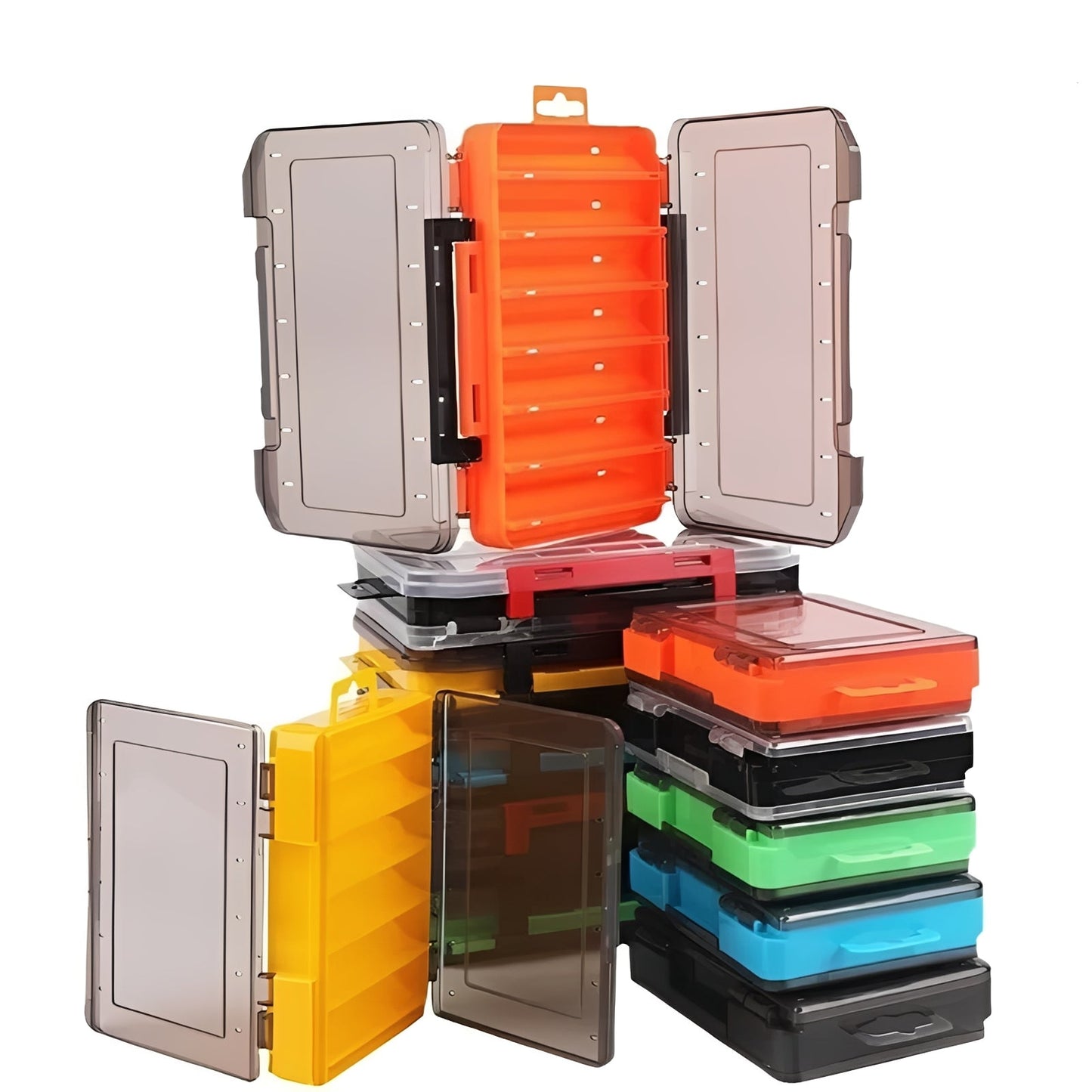 Double Sided Fishing Tackle Box with Transparent Lids and Locking Latches