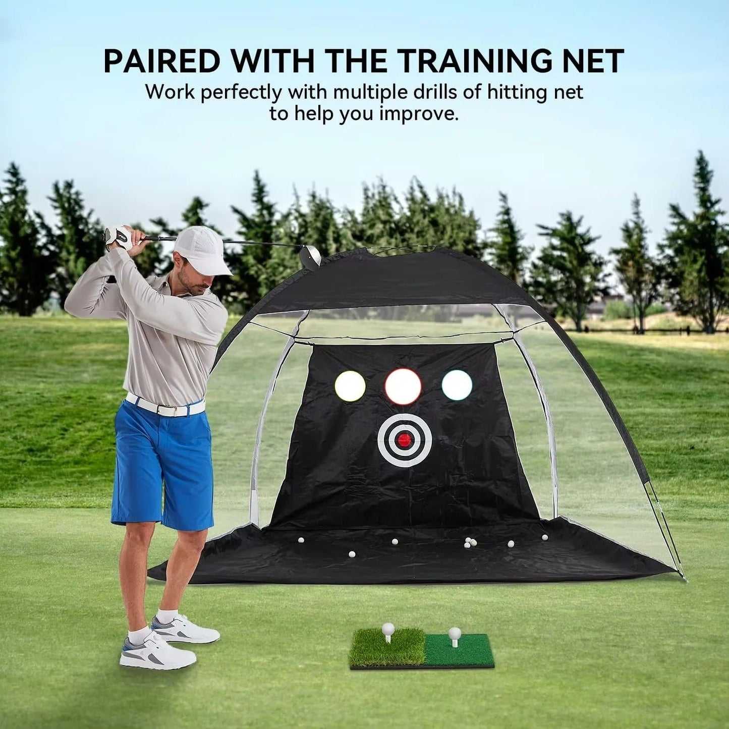 Golf Hitting Mat with Artificial Turf and Shock Absorbing Base, Integrated Tee Hole