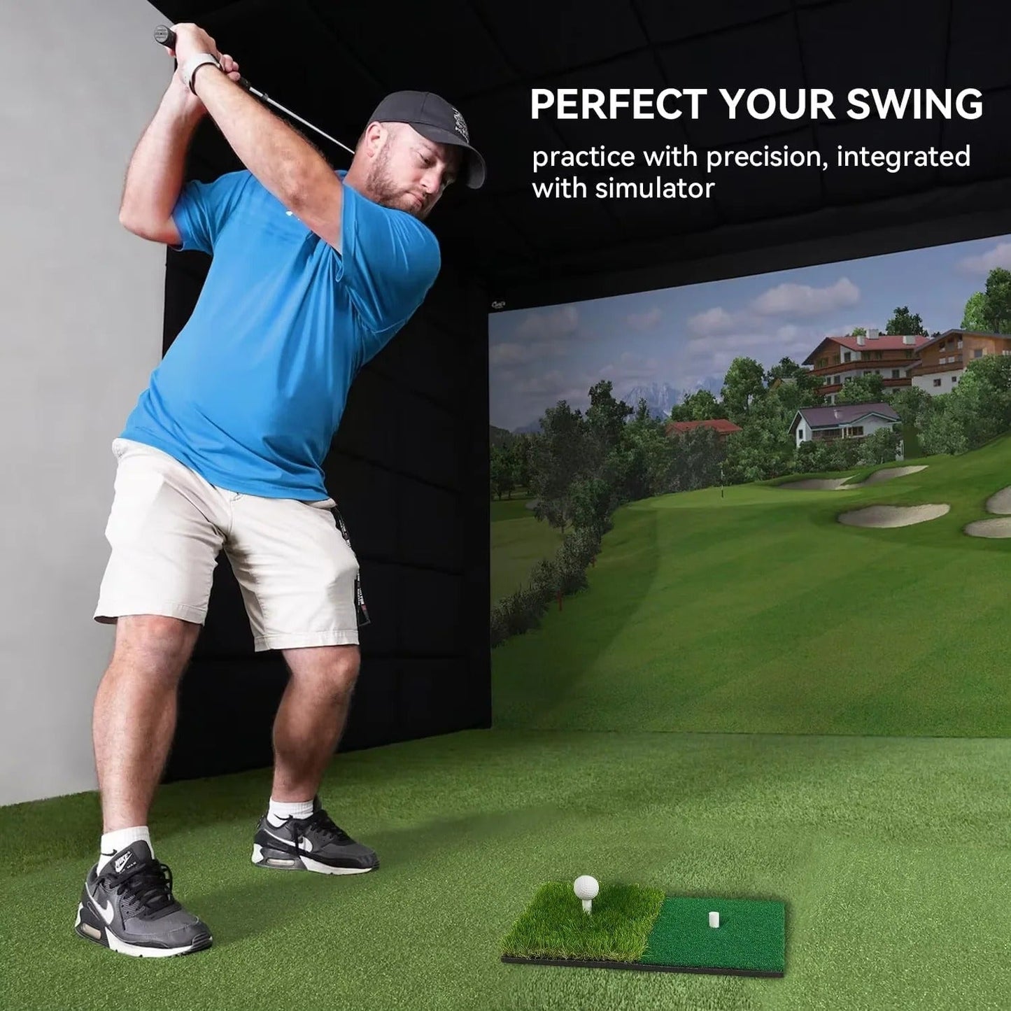 Golf Hitting Mat with Artificial Turf and Shock Absorbing Base, Integrated Tee Hole
