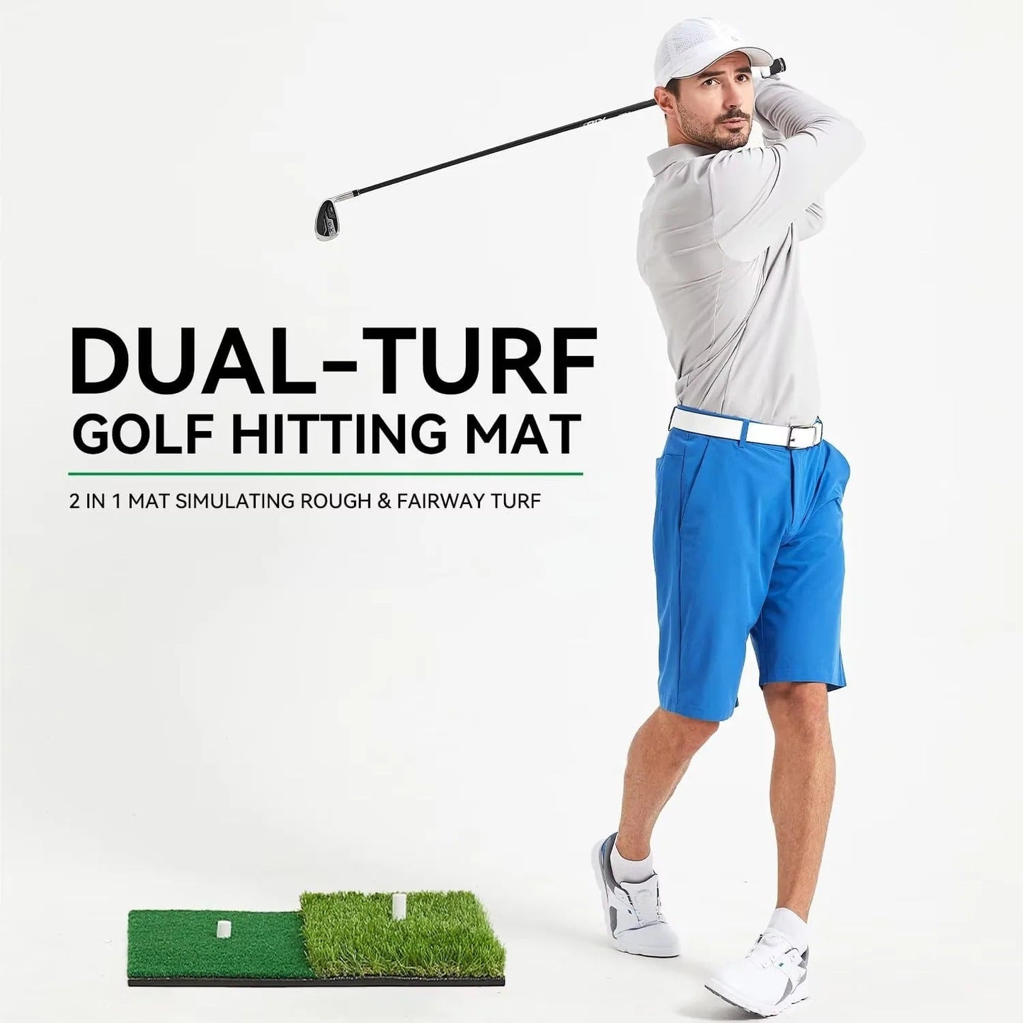 Golf Hitting Mat with Artificial Turf and Shock Absorbing Base, Integrated Tee Hole