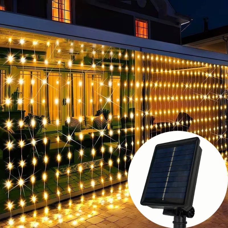 Solar Curtain String Lights with Ground Spike and Dusk to Dawn Timer, 5 Modes