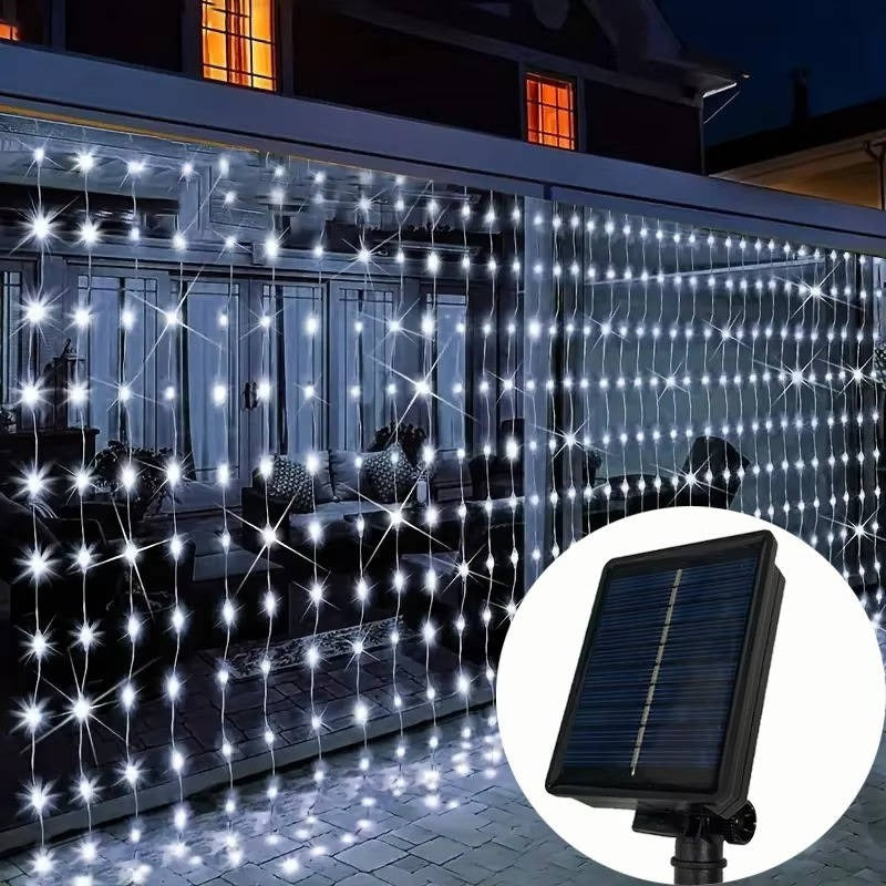 Solar Curtain String Lights with Ground Spike and Dusk to Dawn Timer, 5 Modes