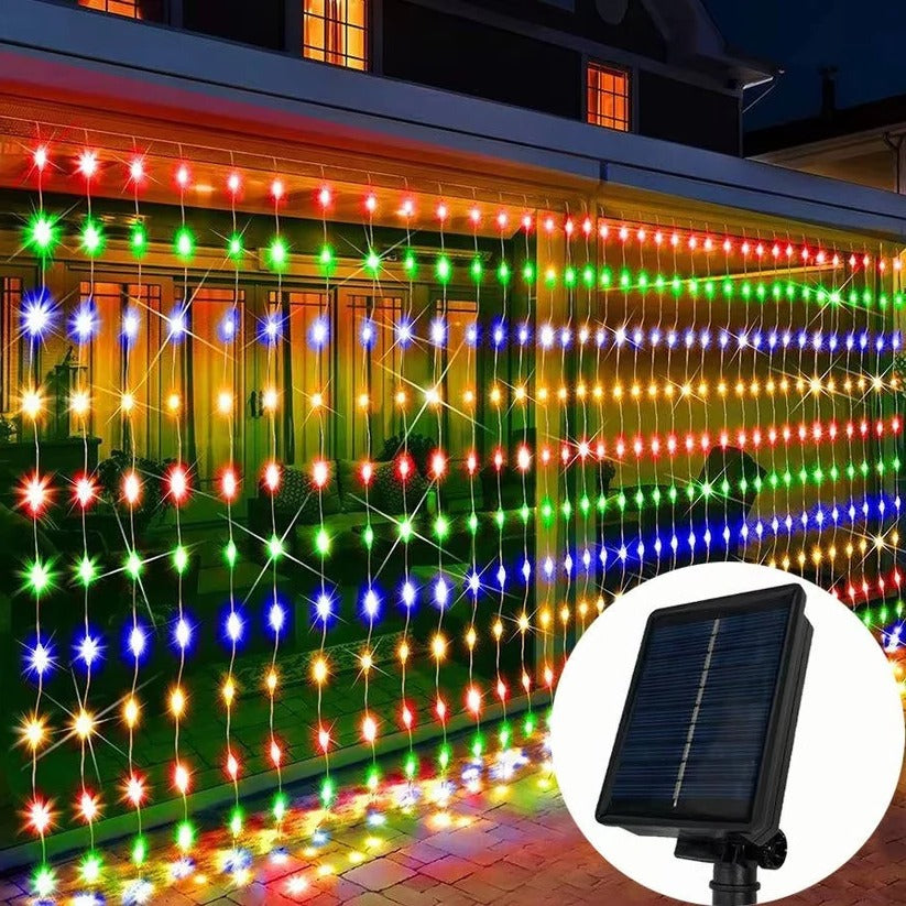 Solar Curtain String Lights with Ground Spike and Dusk to Dawn Timer, 5 Modes