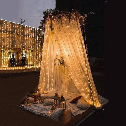 Solar Curtain String Lights with Ground Spike and Dusk to Dawn Timer, 5 Modes