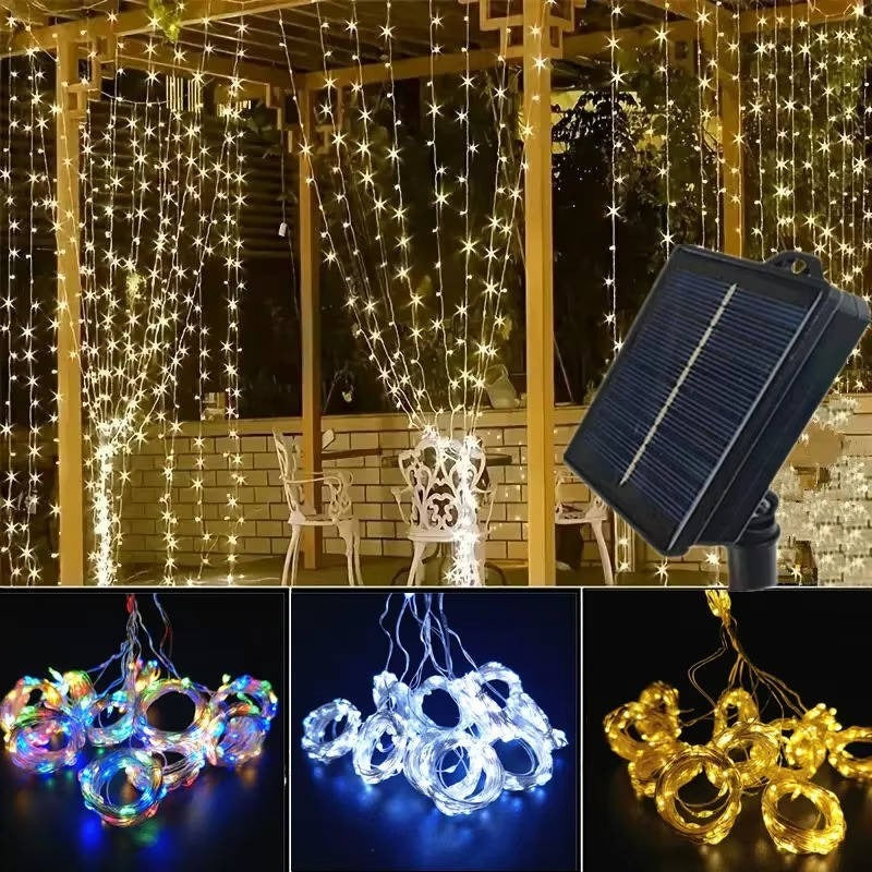 Solar Curtain String Lights with Ground Spike and Dusk to Dawn Timer, 5 Modes