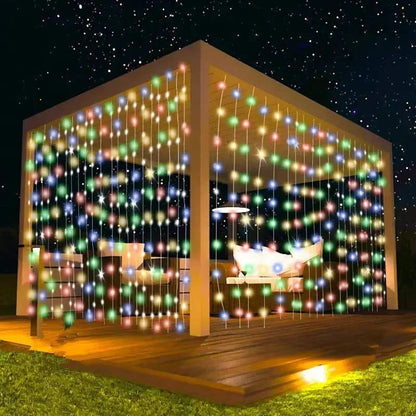 Solar Curtain String Lights with Ground Spike and Dusk to Dawn Timer, 5 Modes
