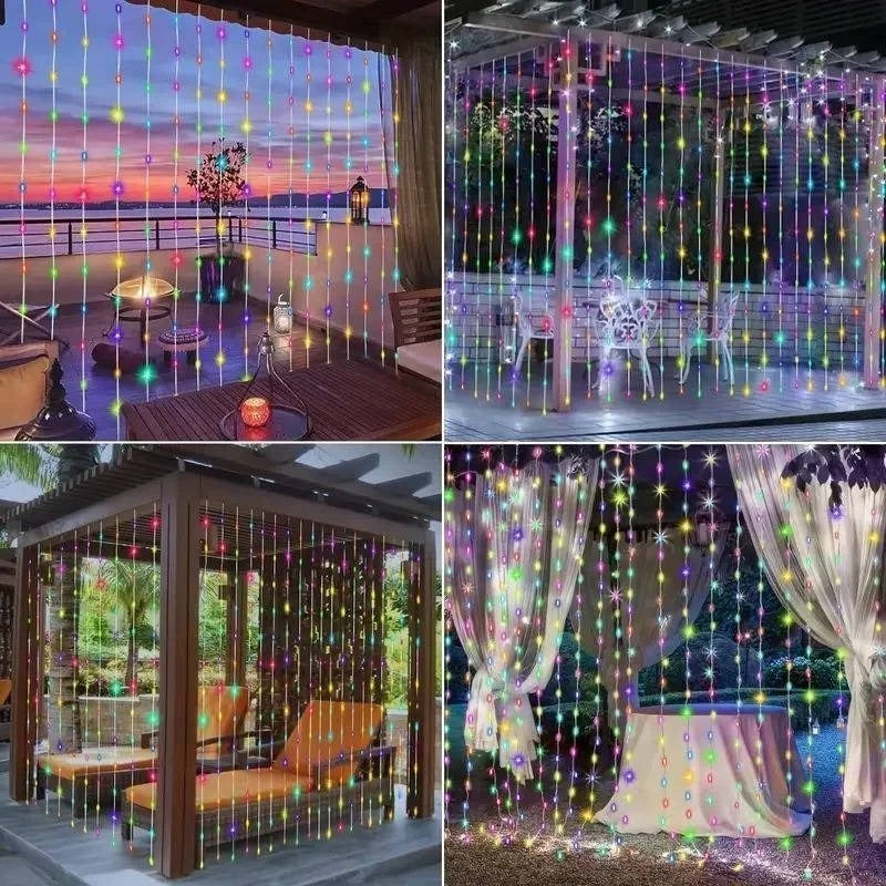 Solar Curtain String Lights with Ground Spike and Dusk to Dawn Timer, 5 Modes