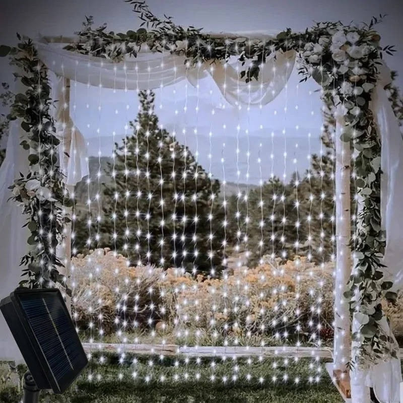 Solar Curtain String Lights with Ground Spike and Dusk to Dawn Timer, 5 Modes