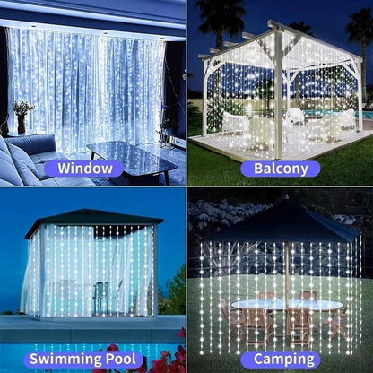 Solar Curtain String Lights with Ground Spike and Dusk to Dawn Timer, 5 Modes