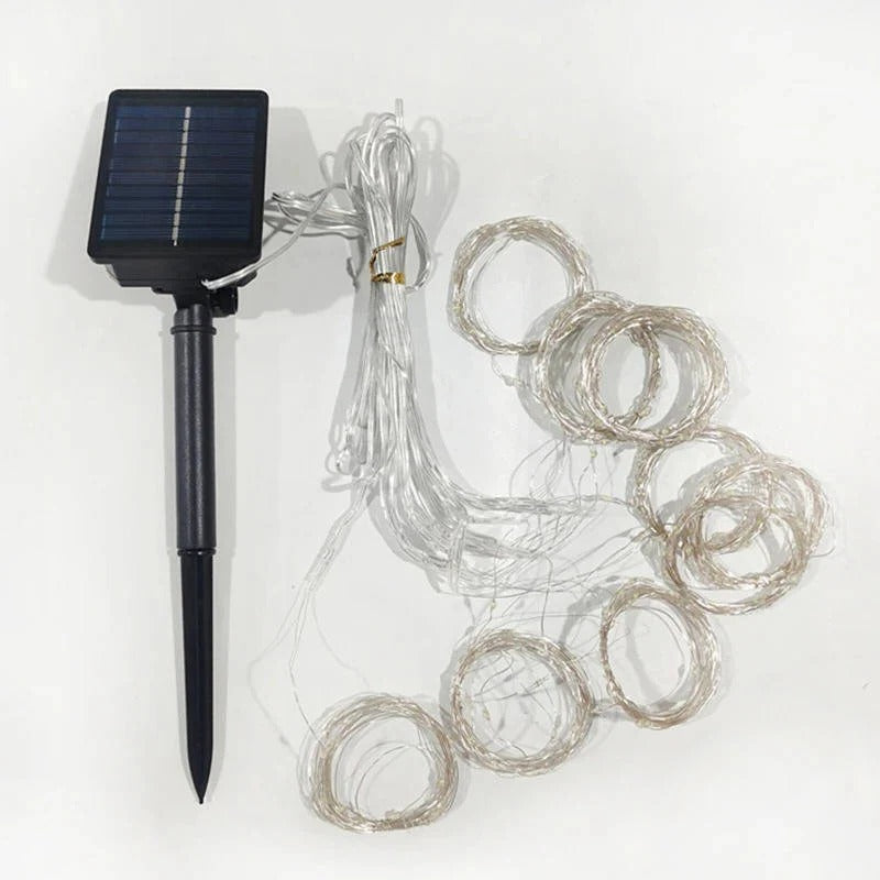 Solar Curtain String Lights with Ground Spike and Dusk to Dawn Timer, 5 Modes