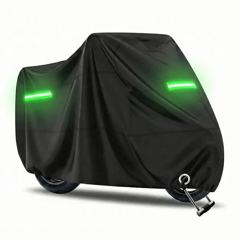 Motorcycle Cover with Reflective Coating and Elastic Edges, Wheel Clips