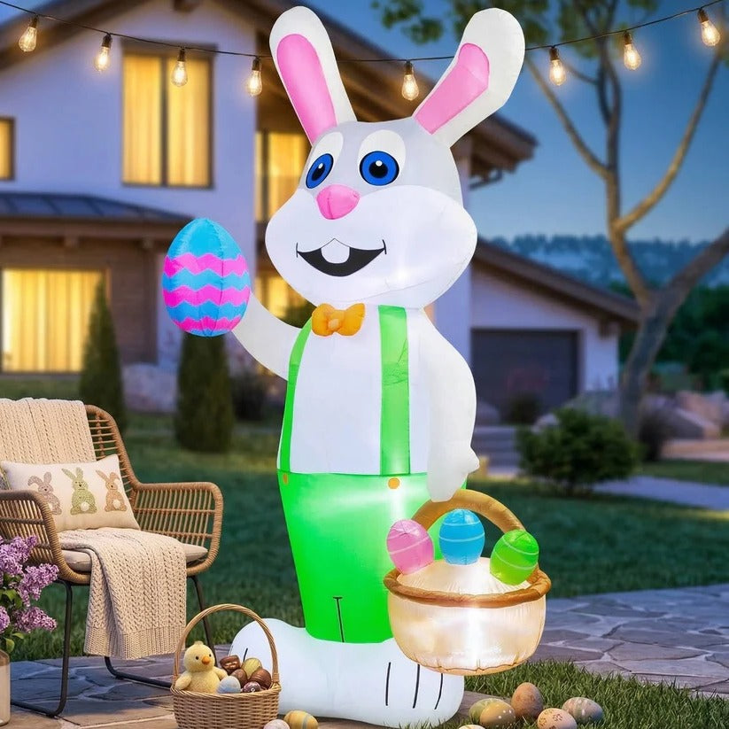 8 Foot Easter Bunny Inflatable with Internal LED Lights and Anchoring Kit