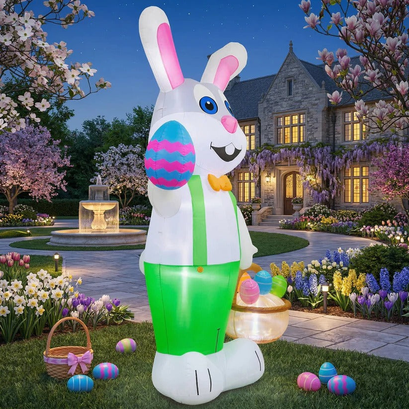 8 Foot Easter Bunny Inflatable with Internal LED Lights and Anchoring Kit
