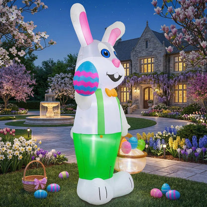 8 Foot Easter Bunny Inflatable with Internal LED Lights and Anchoring Kit