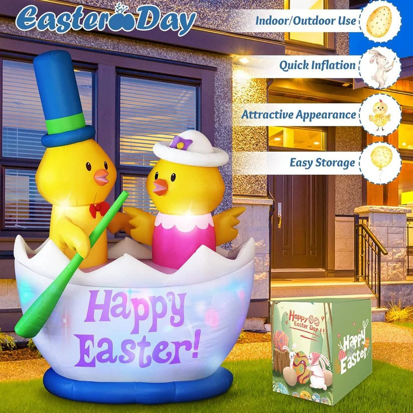 6 Foot Inflatable Easter Display with Color Changing LEDs and Chick Boat Scene