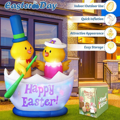 6 Foot Inflatable Easter Display with Color Changing LEDs and Chick Boat Scene